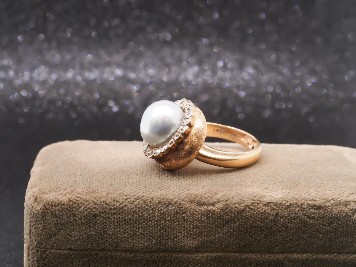 1960s Freeform Pearl and Old Mine Cut Diamond Halo Ring - VHK#236