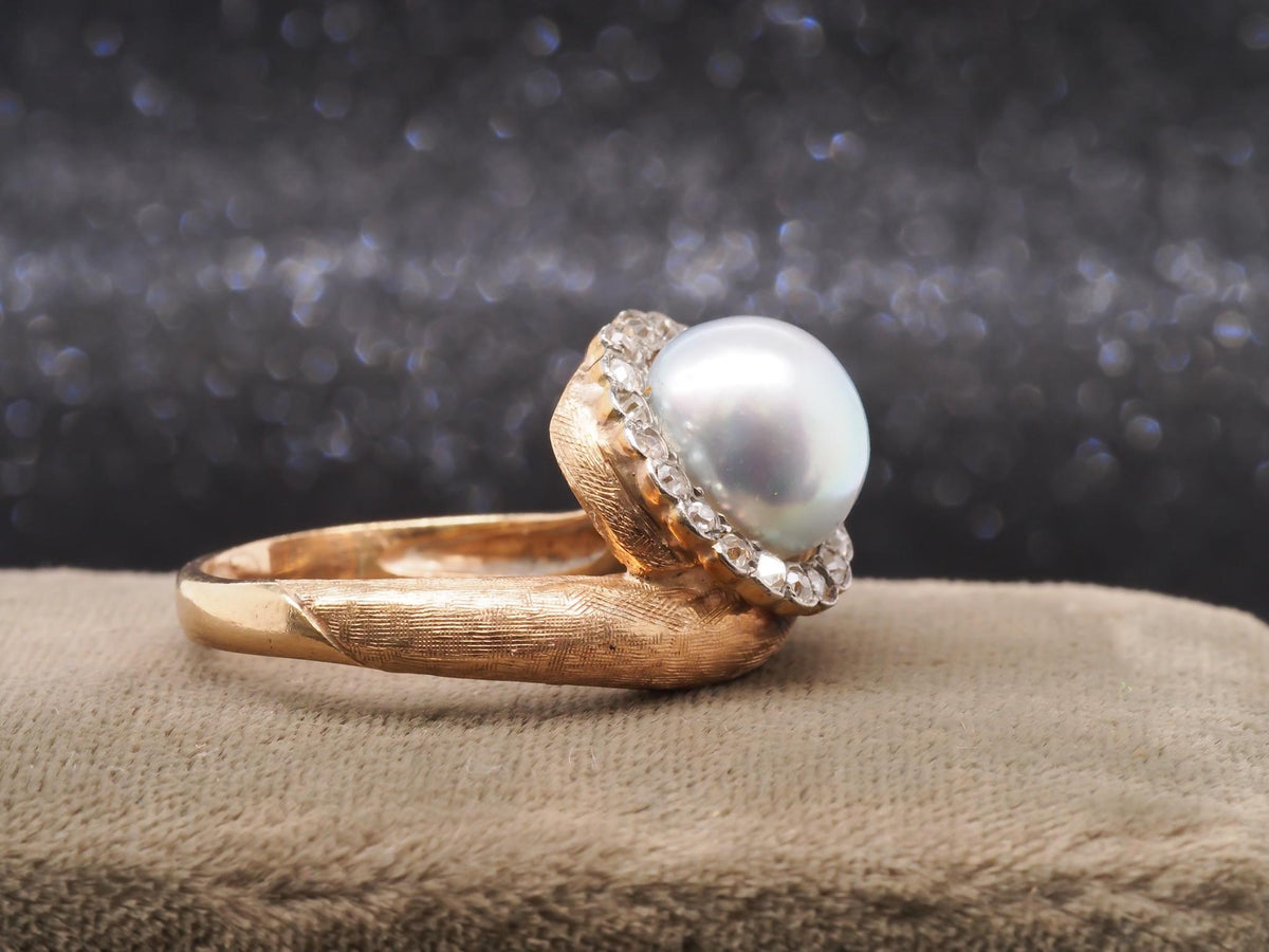 1960s Freeform Pearl and Old Mine Cut Diamond Halo Ring - VHK#236