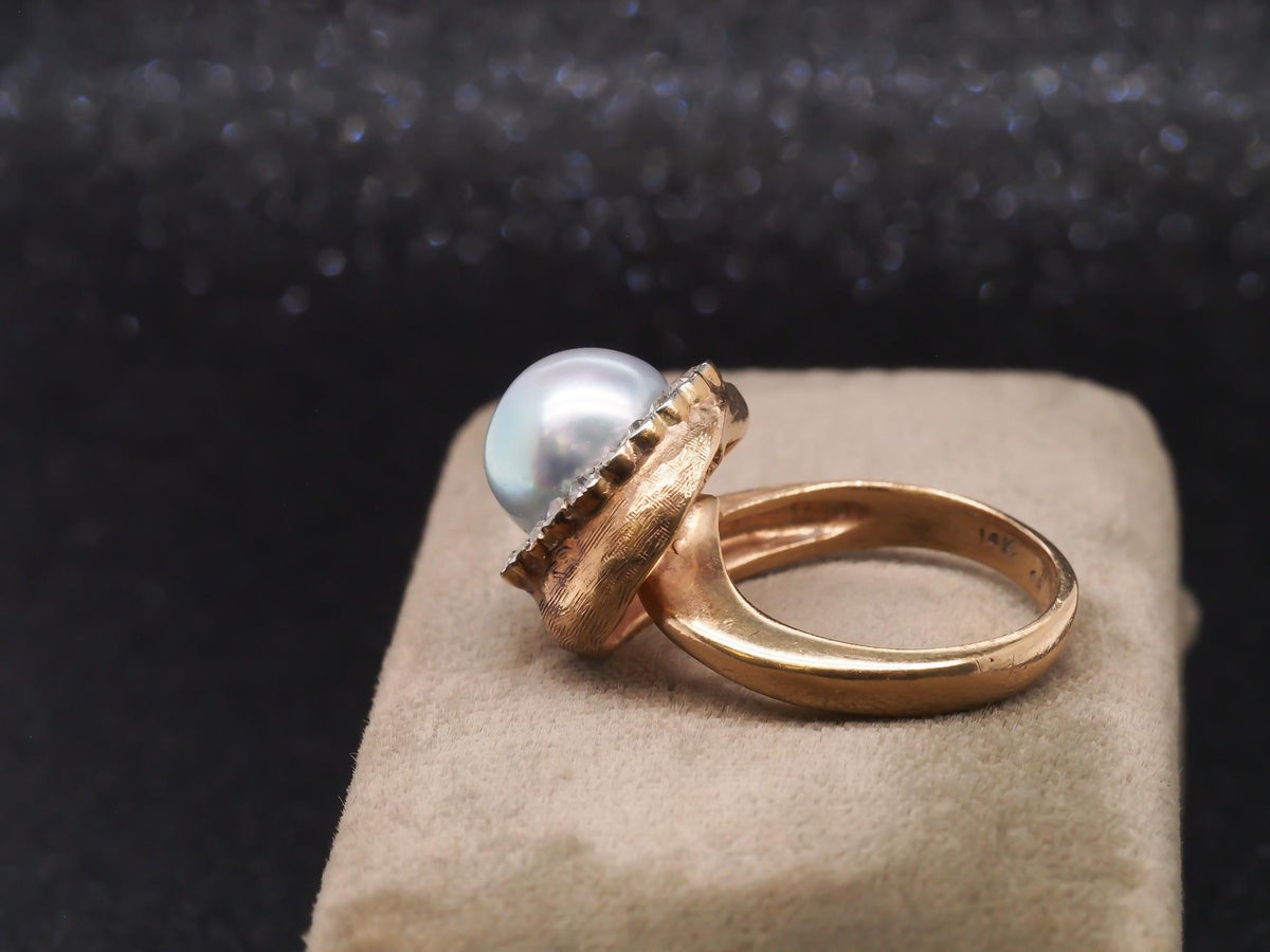 1960s Freeform Pearl and Old Mine Cut Diamond Halo Ring - VHK#236