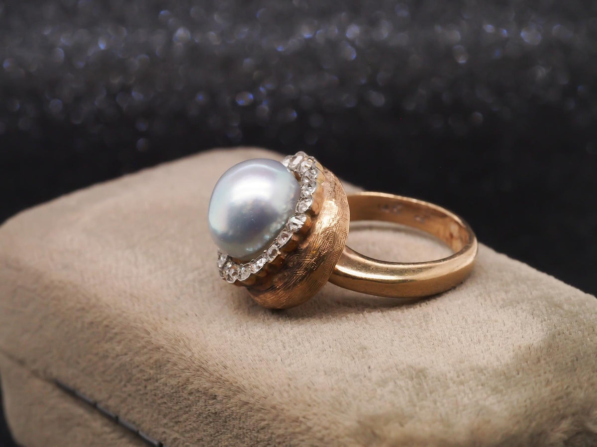 1960s Freeform Pearl and Old Mine Cut Diamond Halo Ring - VHK#236