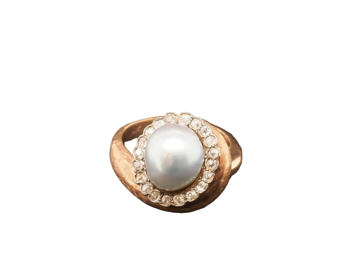1960s Freeform Pearl and Old Mine Cut Diamond Halo Ring - VHK#236