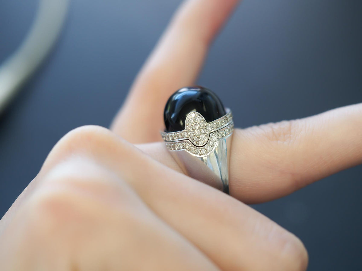 18k White Gold Domed Onyx and Diamond Statement Ring - VHK#234