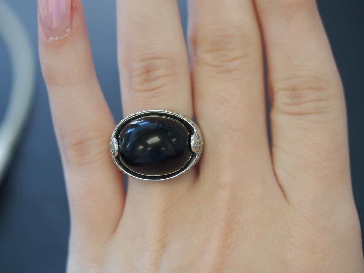 18k White Gold Domed Onyx and Diamond Statement Ring - VHK#234