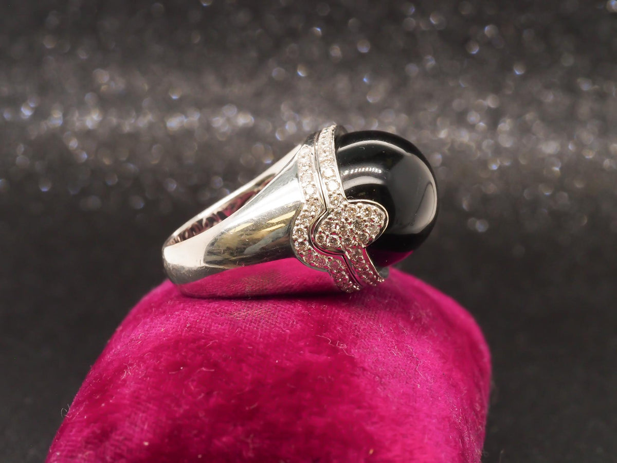 18k White Gold Domed Onyx and Diamond Statement Ring - VHK#234