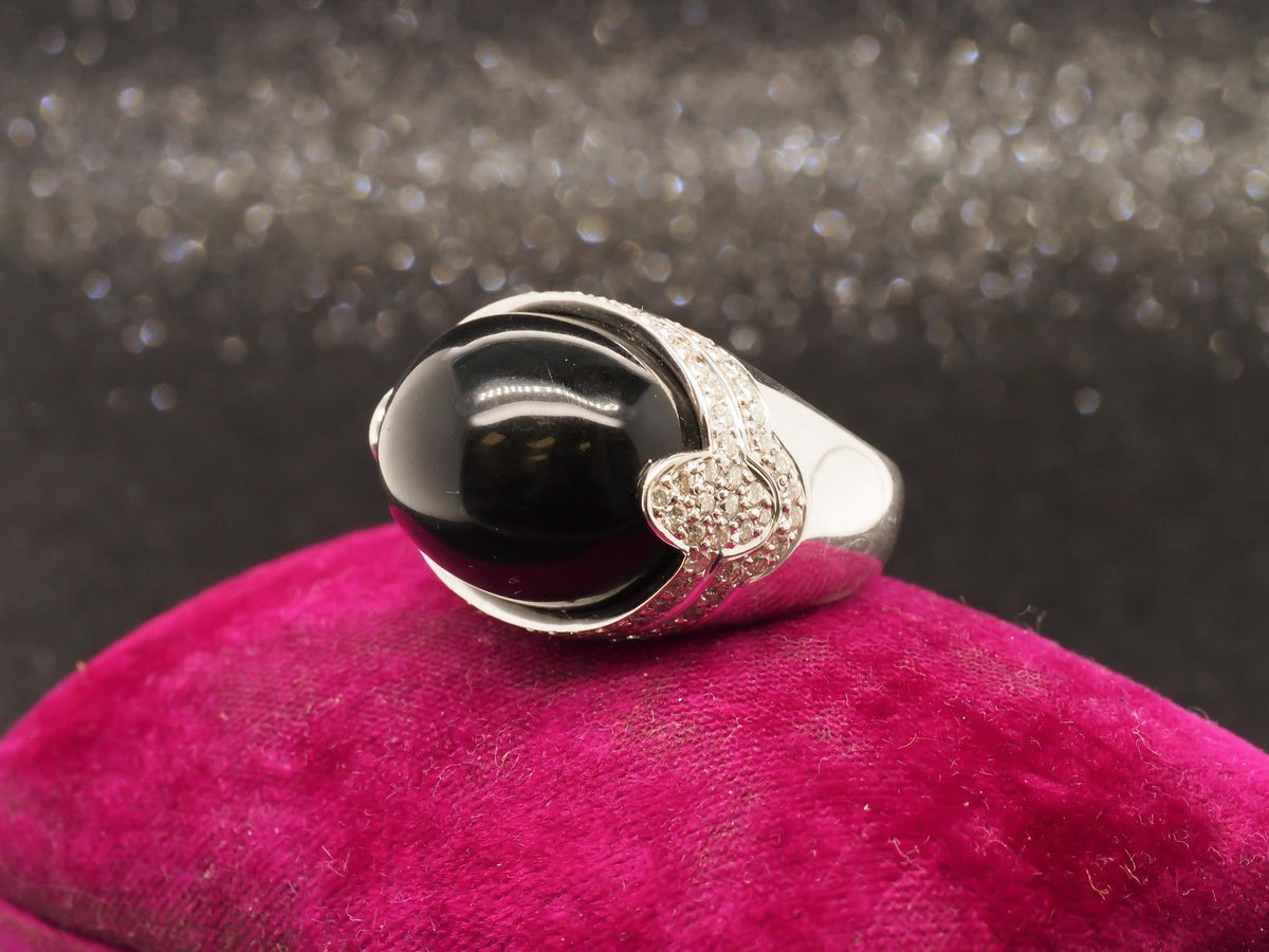 18k White Gold Domed Onyx and Diamond Statement Ring - VHK#234