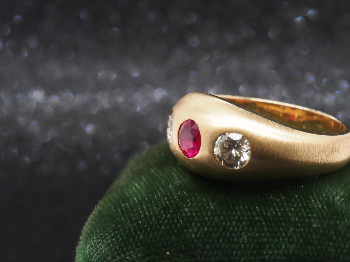 14k Yellow Gold Ruby and Diamond Three Stone Ring, Circa 1940s - VHK#226