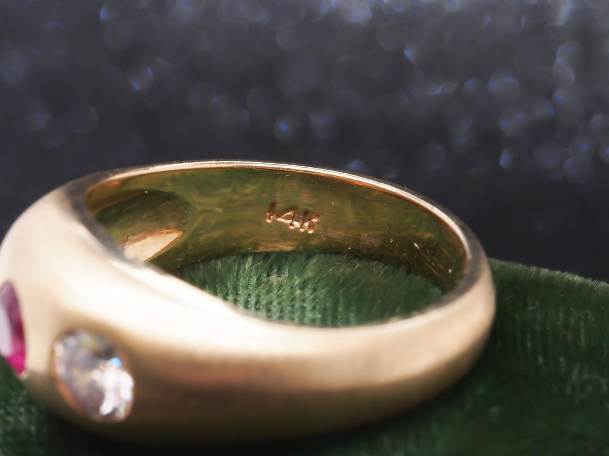 14k Yellow Gold Ruby and Diamond Three Stone Ring, Circa 1940s - VHK#226