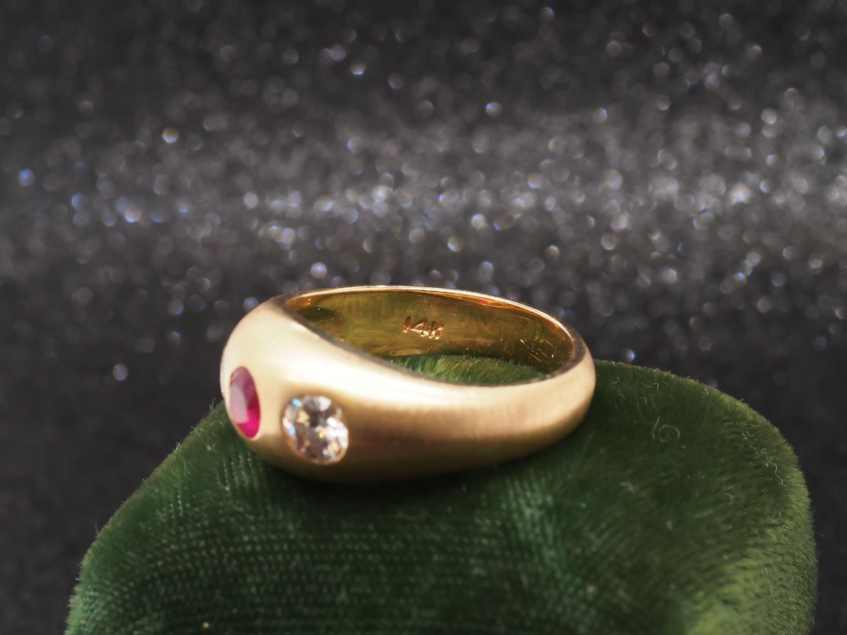 14k Yellow Gold Ruby and Diamond Three Stone Ring, Circa 1940s - VHK#226
