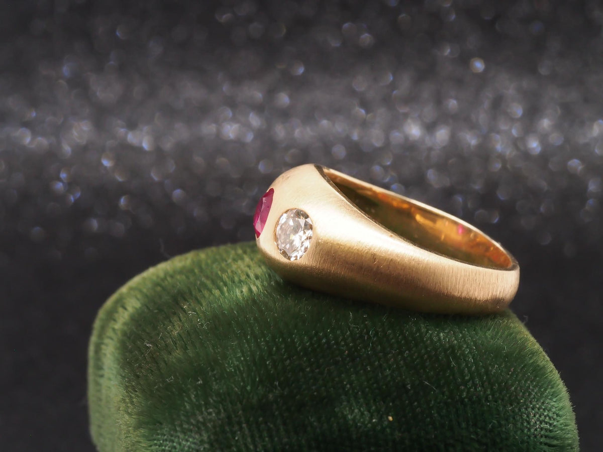 14k Yellow Gold Ruby and Diamond Three Stone Ring, Circa 1940s - VHK#226