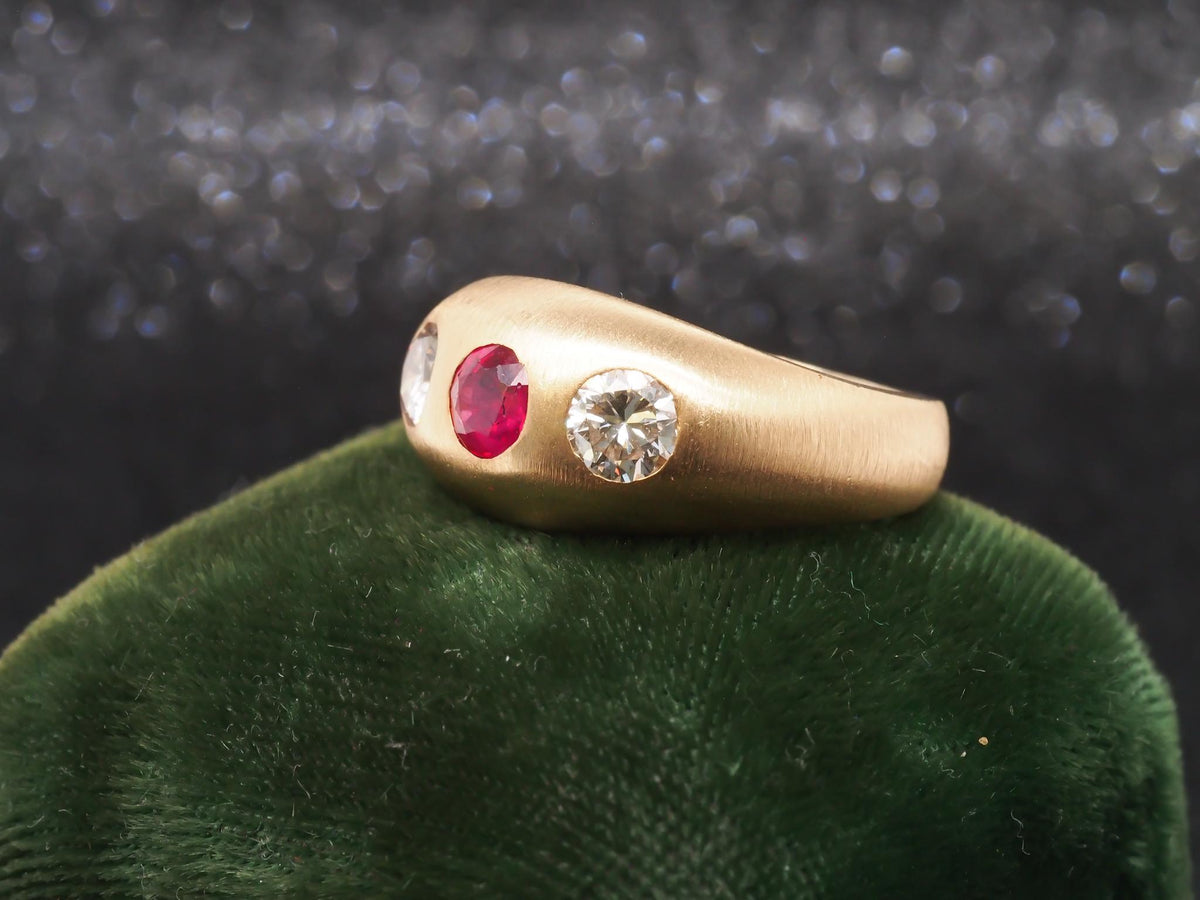 14k Yellow Gold Ruby and Diamond Three Stone Ring, Circa 1940s - VHK#226