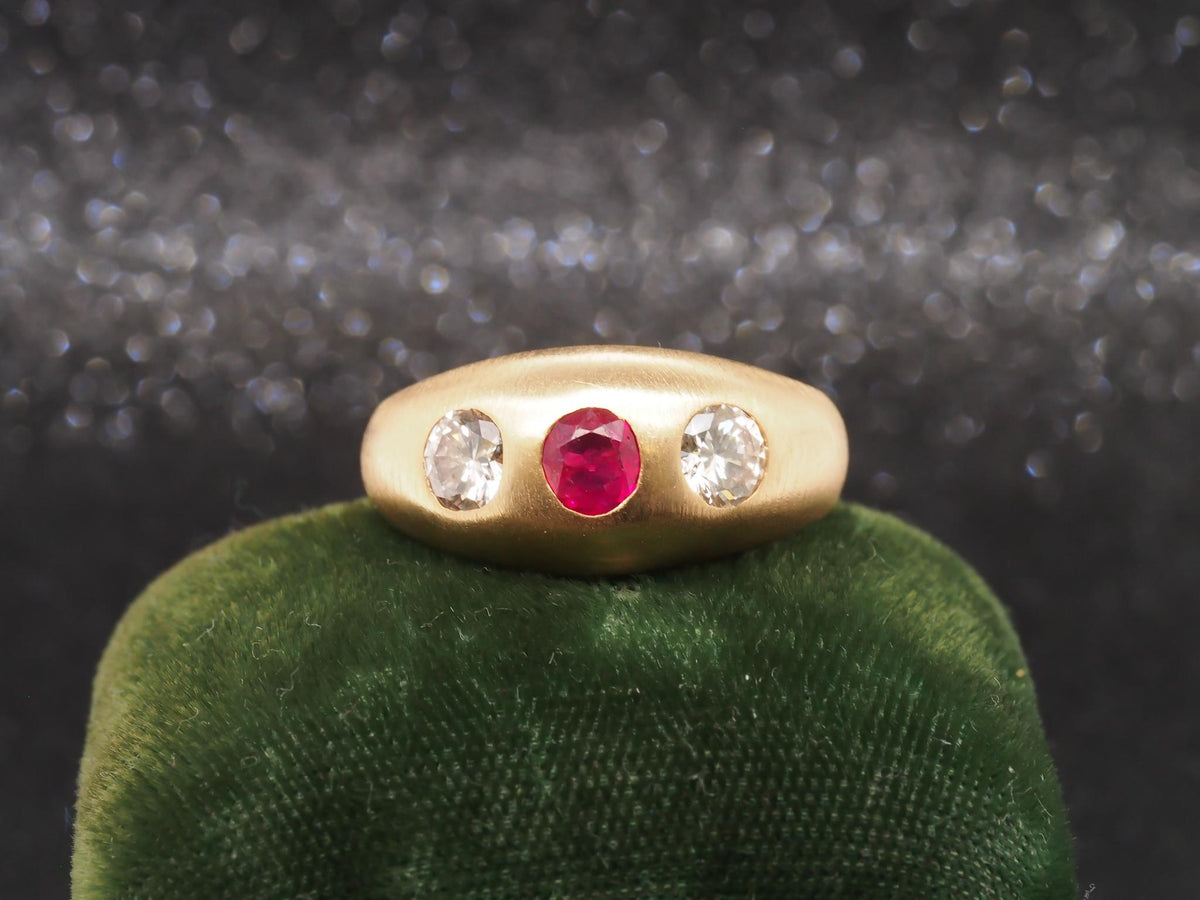 14k Yellow Gold Ruby and Diamond Three Stone Ring, Circa 1940s - VHK#226