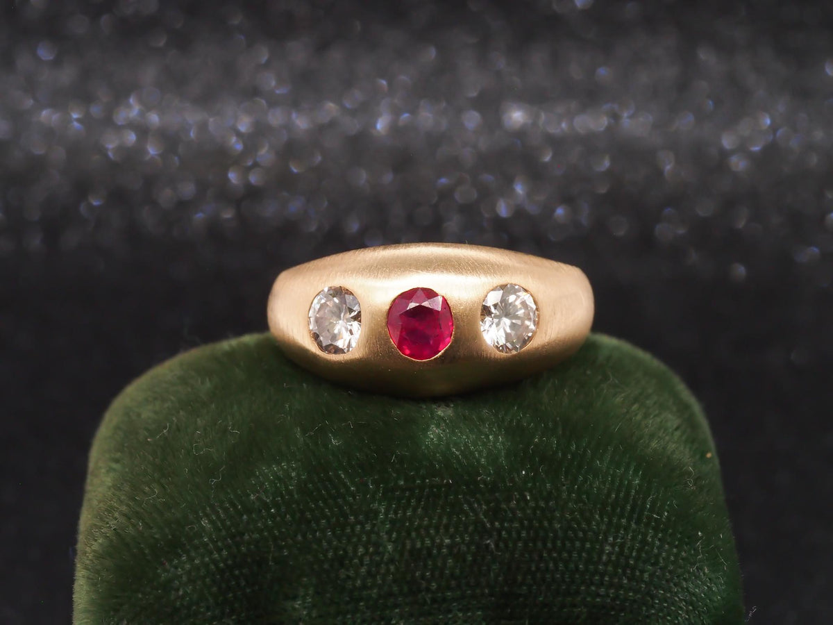 14k Yellow Gold Ruby and Diamond Three Stone Ring, Circa 1940s - VHK#226