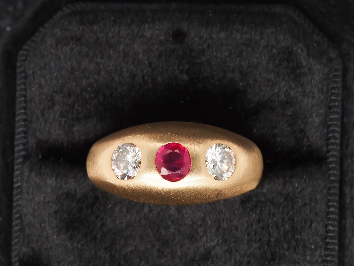 14k Yellow Gold Ruby and Diamond Three Stone Ring, Circa 1940s - VHK#226