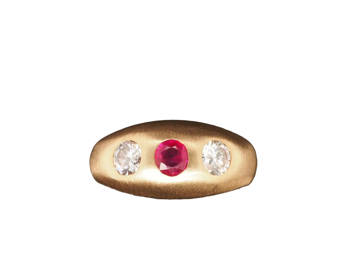 14k Yellow Gold Ruby and Diamond Three Stone Ring, Circa 1940s - VHK#226