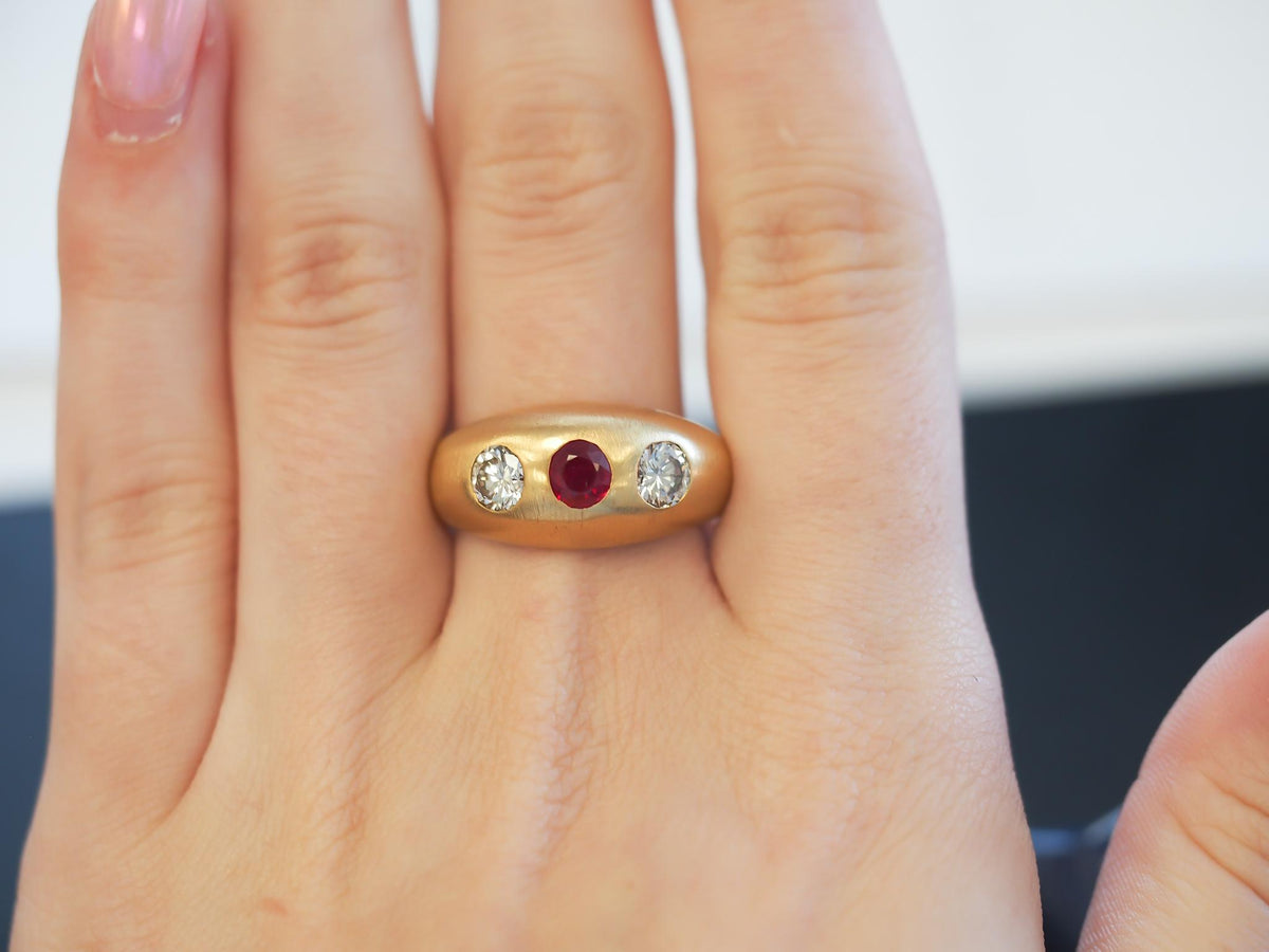 14k Yellow Gold Ruby and Diamond Three Stone Ring, Circa 1940s - VHK#226