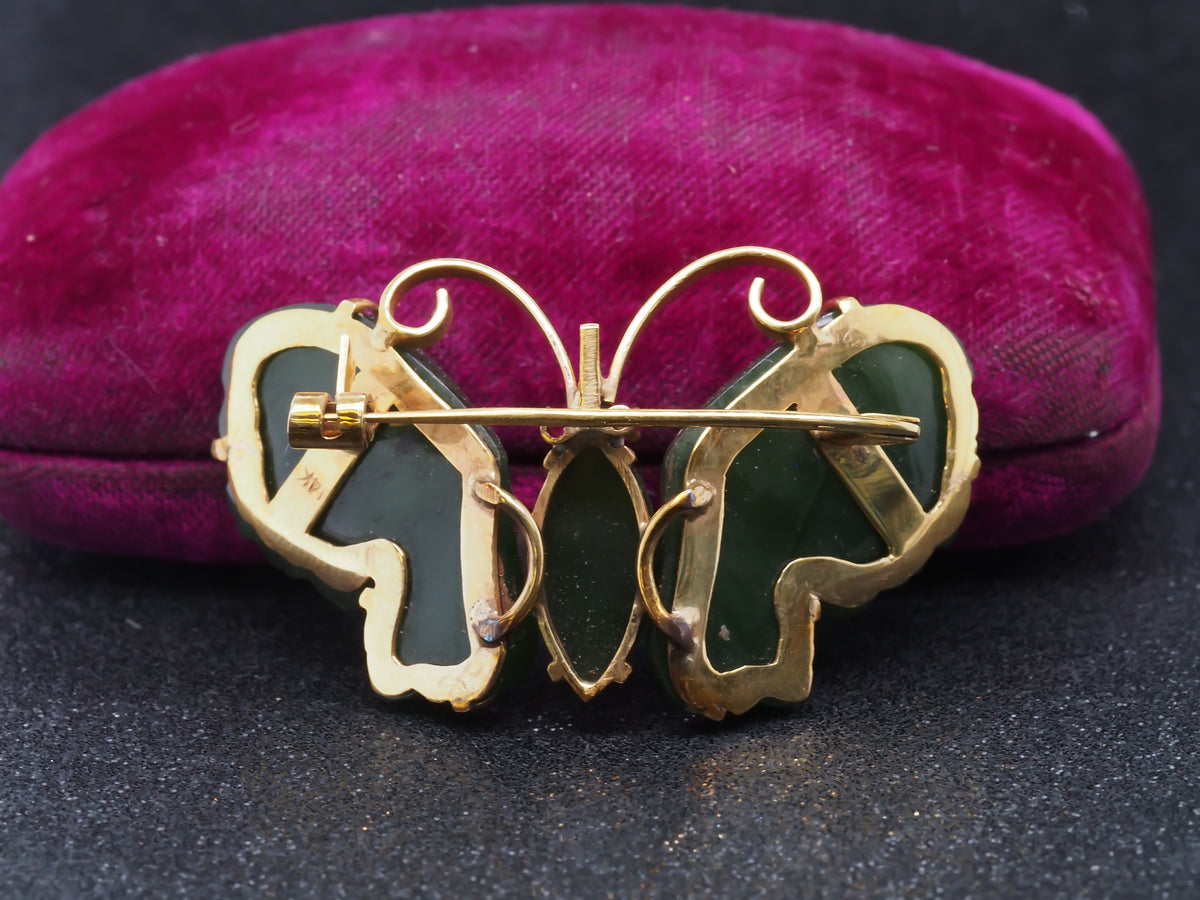 14K Yellow Gold Vintage Jade and Ruby Butterfly Brooch - VHK#224