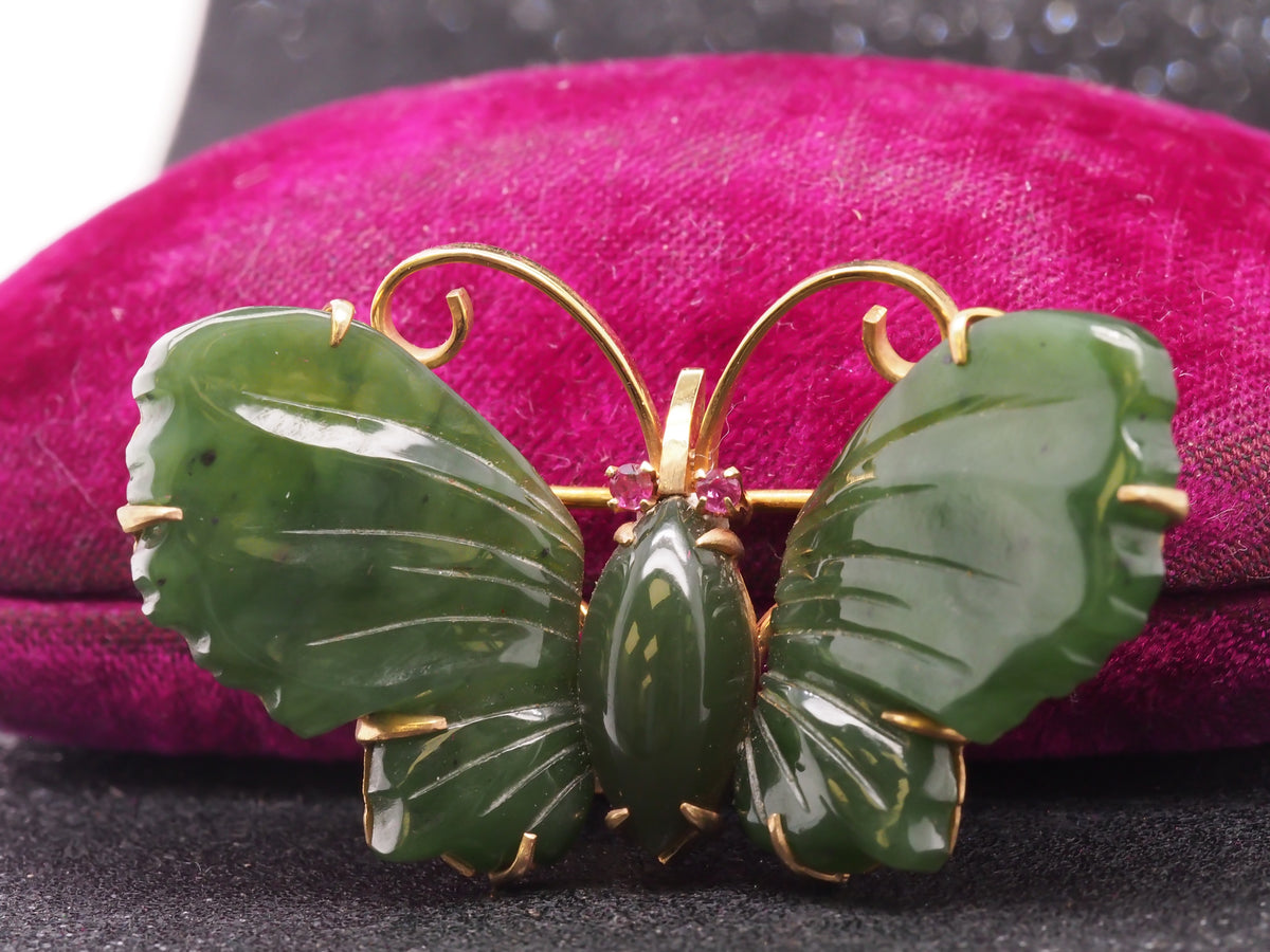 14K Yellow Gold Vintage Jade and Ruby Butterfly Brooch - VHK#224