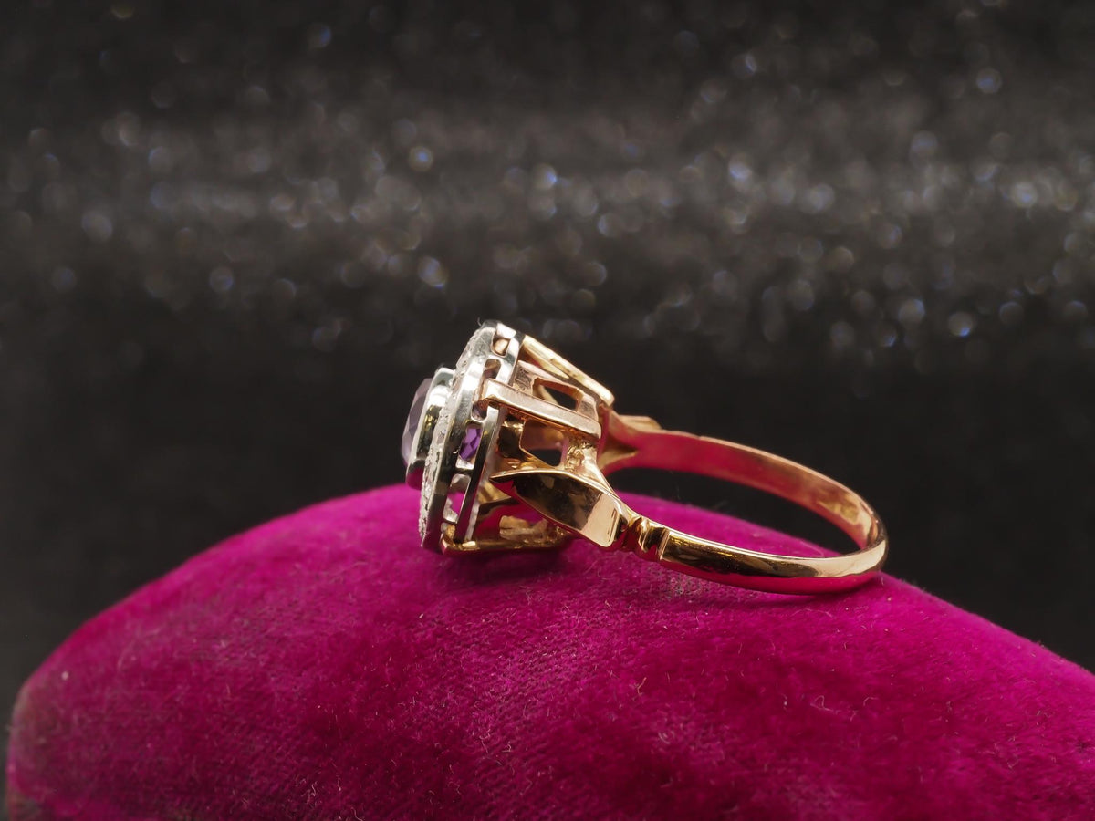 Edwardian 14k Rose Gold Amethyst and Diamond Halo Ring - VHK#221