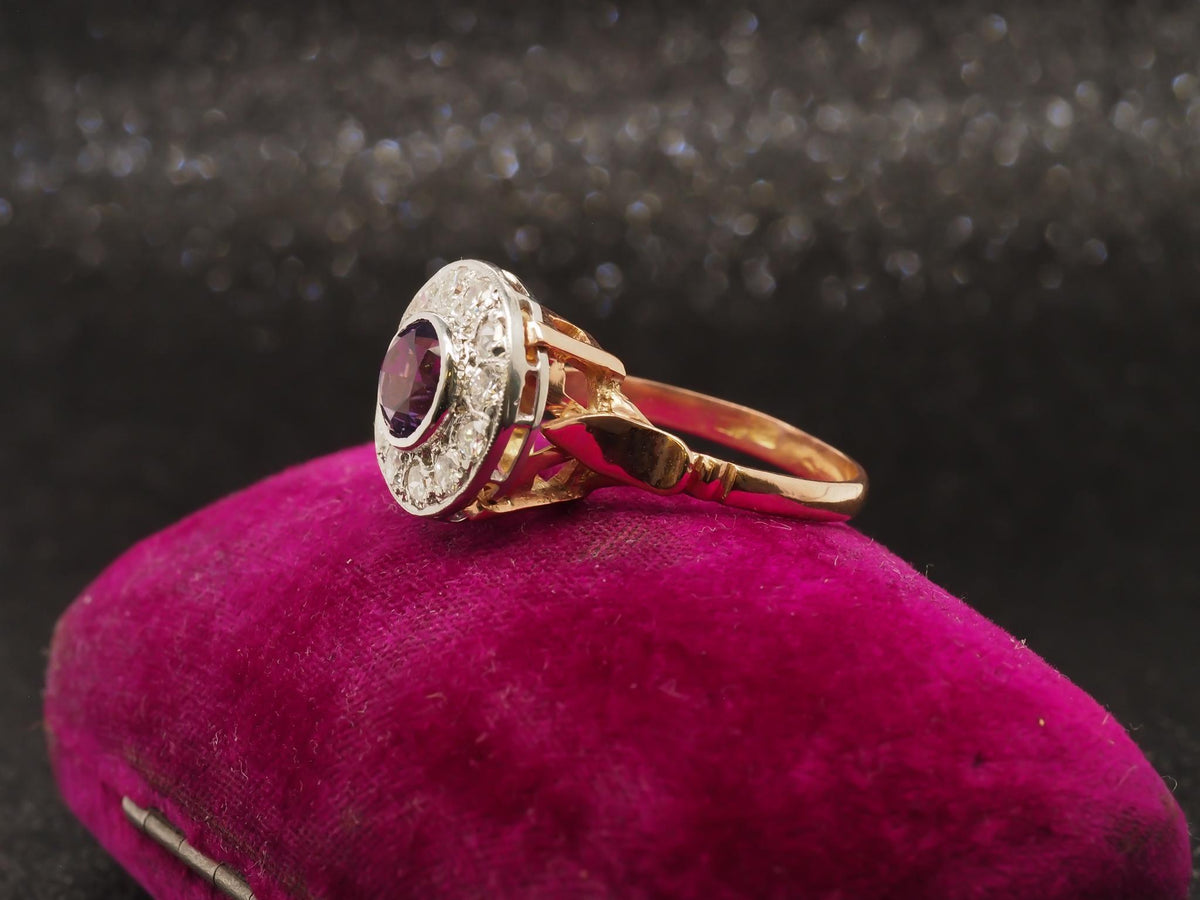 Edwardian 14k Rose Gold Amethyst and Diamond Halo Ring - VHK#221