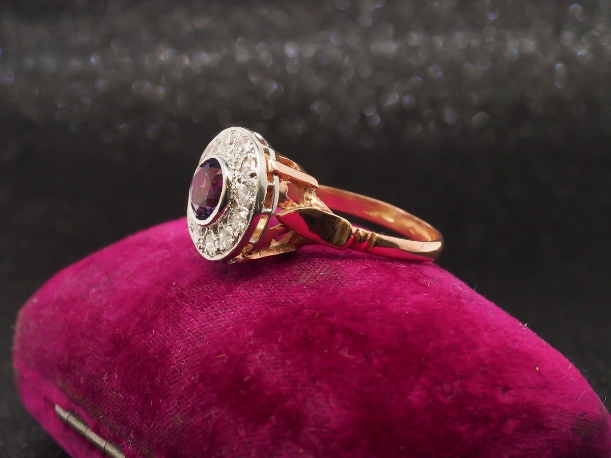 Edwardian 14k Rose Gold Amethyst and Diamond Halo Ring - VHK#221