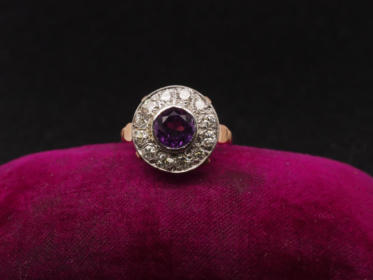 Edwardian 14k Rose Gold Amethyst and Diamond Halo Ring - VHK#221