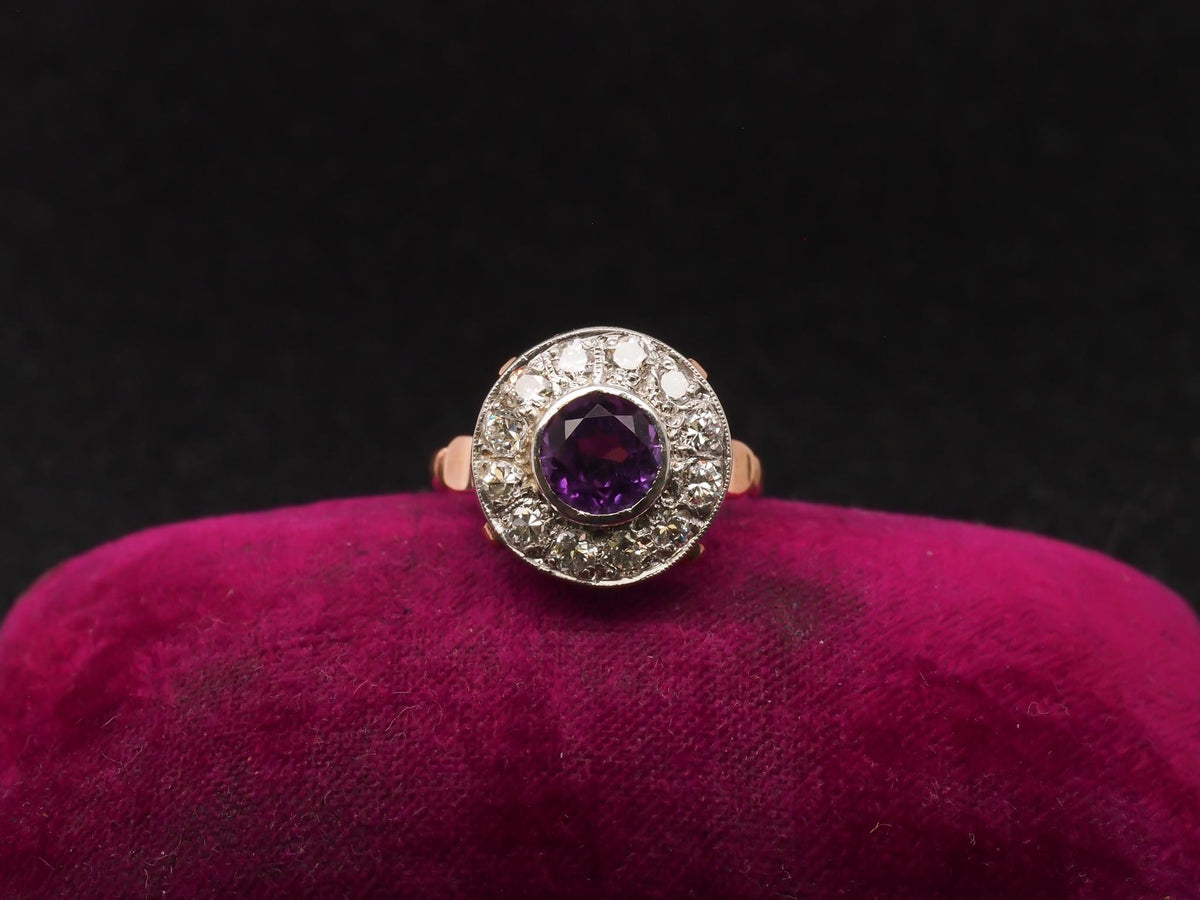 Edwardian 14k Rose Gold Amethyst and Diamond Halo Ring - VHK#221