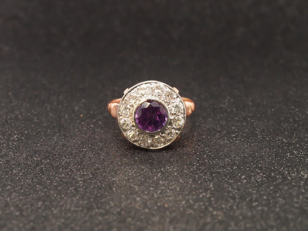 Edwardian 14k Rose Gold Amethyst and Diamond Halo Ring - VHK#221