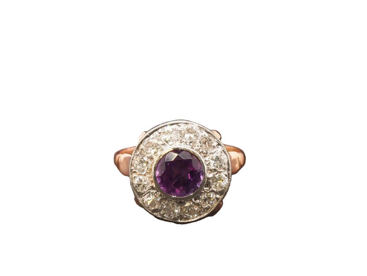 Edwardian 14k Rose Gold Amethyst and Diamond Halo Ring - VHK#221