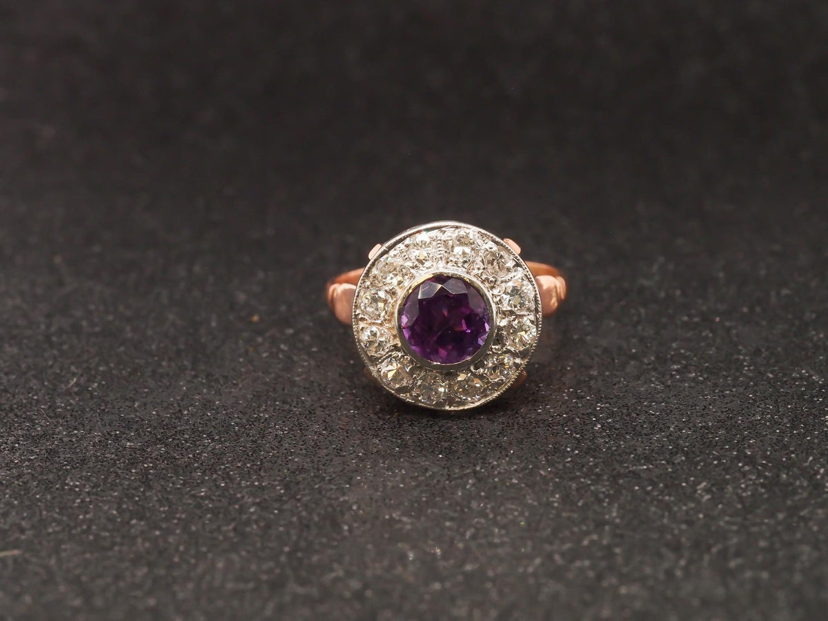 Edwardian 14k Rose Gold Amethyst and Diamond Halo Ring - VHK#221