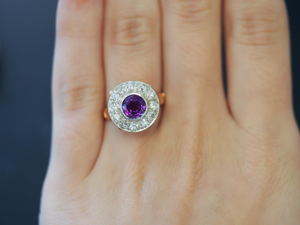 Edwardian 14k Rose Gold Amethyst and Diamond Halo Ring - VHK#221