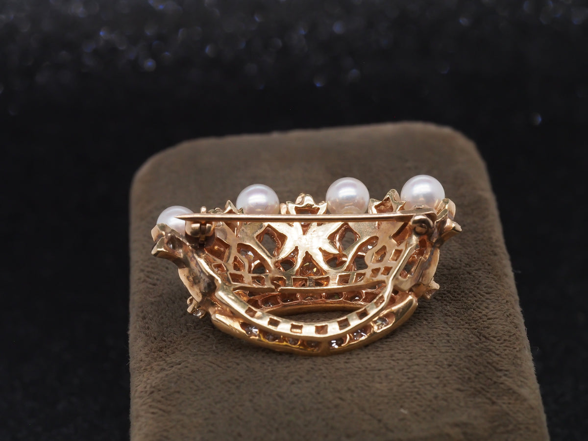 1950s 18k Yellow Gold Crown Diamond and Pearl Brooch - VHK#216