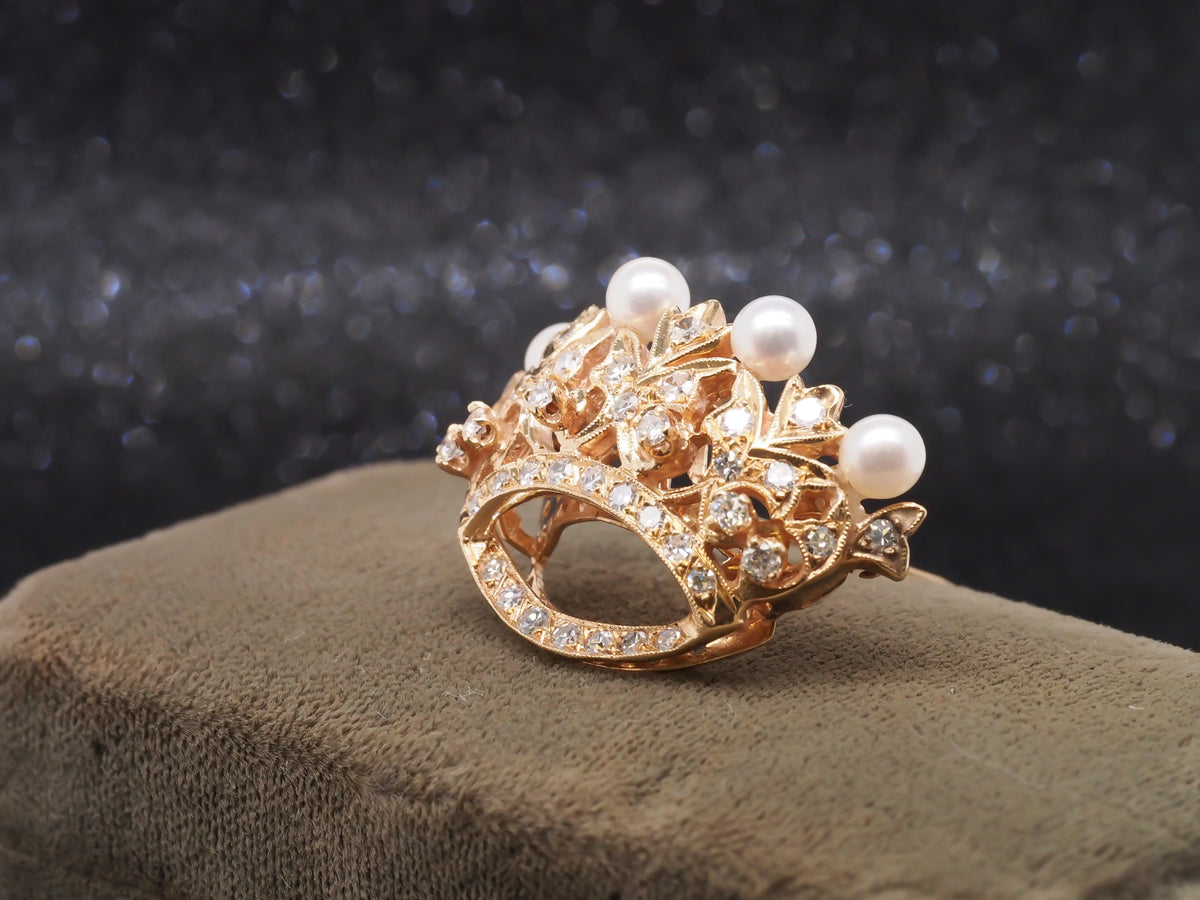 1950s 18k Yellow Gold Crown Diamond and Pearl Brooch - VHK#216