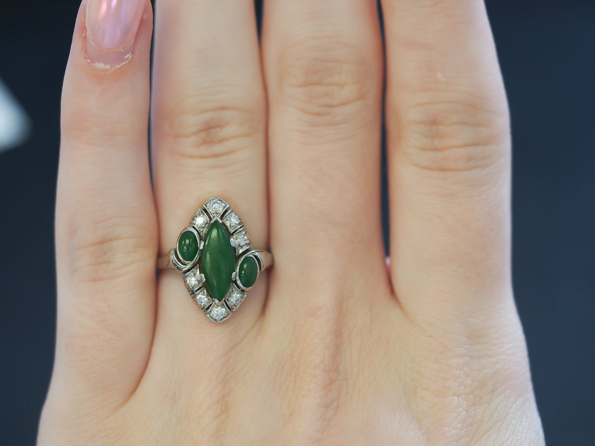 1940s Platinum Art Deco Jade and Diamond Ring - VHK#208