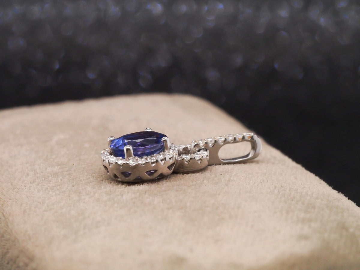 14k White Gold Tanzanite and Diamond Halo Pendant - VHK#276