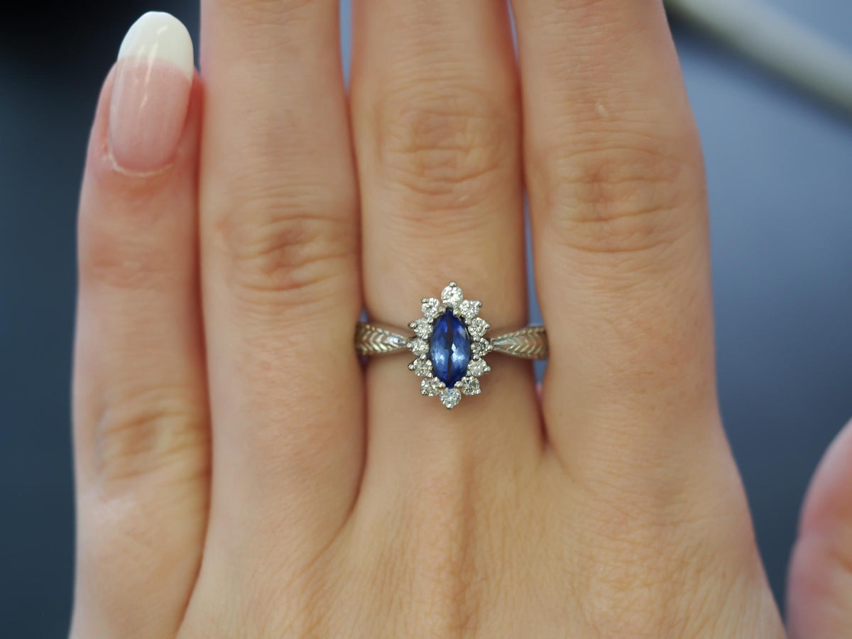 14K White Gold Marquise Tanzanite and Diamond Engagement Ring - VHK#275