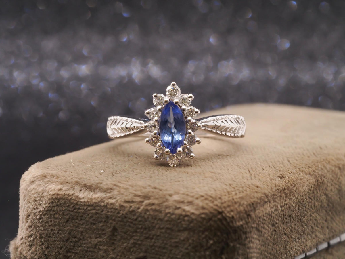14K White Gold Marquise Tanzanite and Diamond Engagement Ring - VHK#275