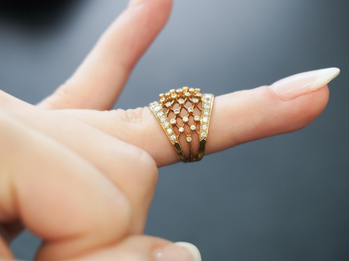 14k Yellow Gold Diamond Mesh Style Ring Band - VHK#259