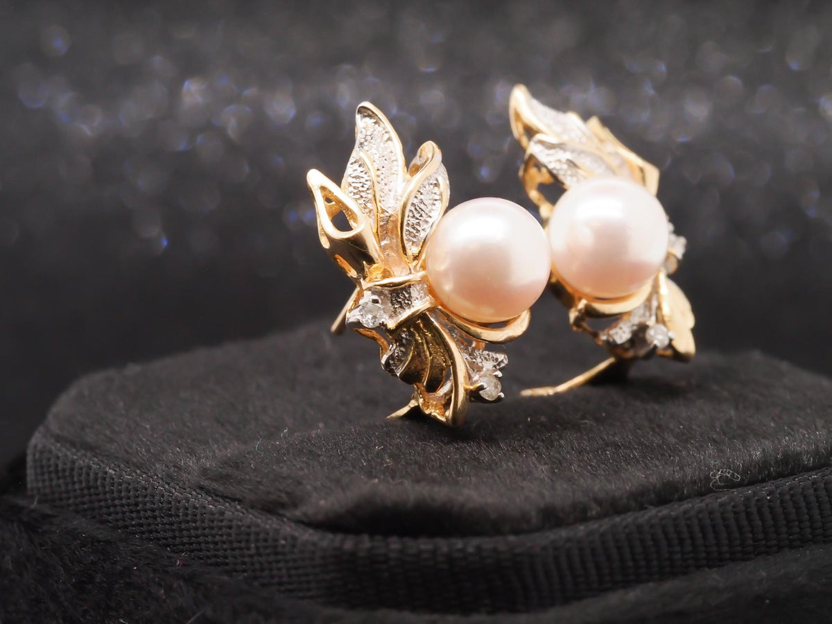 14K Yellow Gold Two Tone Pearl and Diamond Earrings - VHK#257