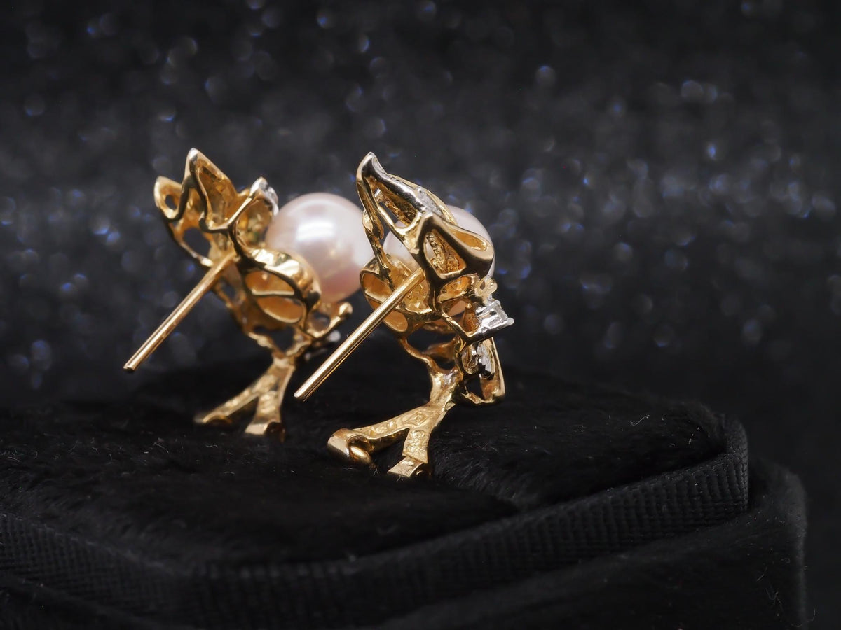 14K Yellow Gold Two Tone Pearl and Diamond Earrings - VHK#257