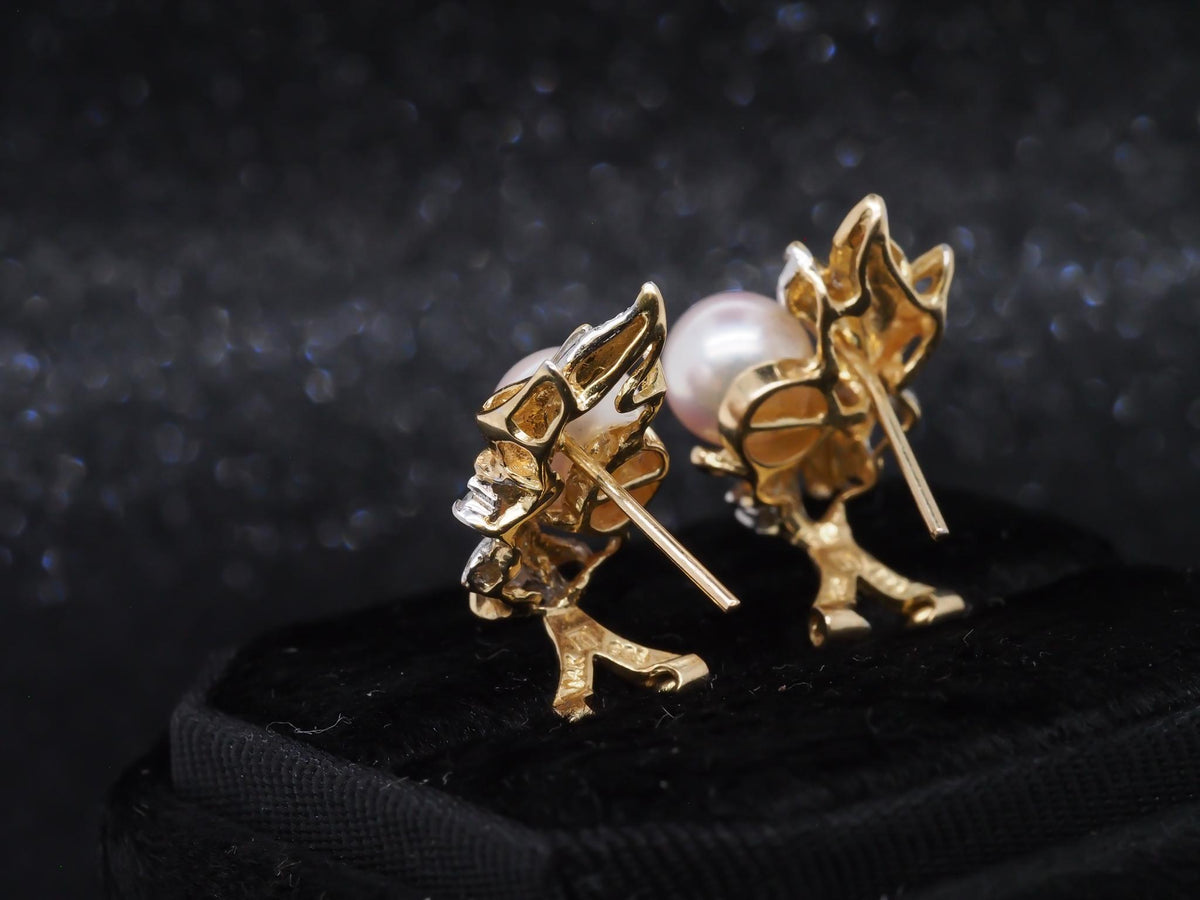 14K Yellow Gold Two Tone Pearl and Diamond Earrings - VHK#257
