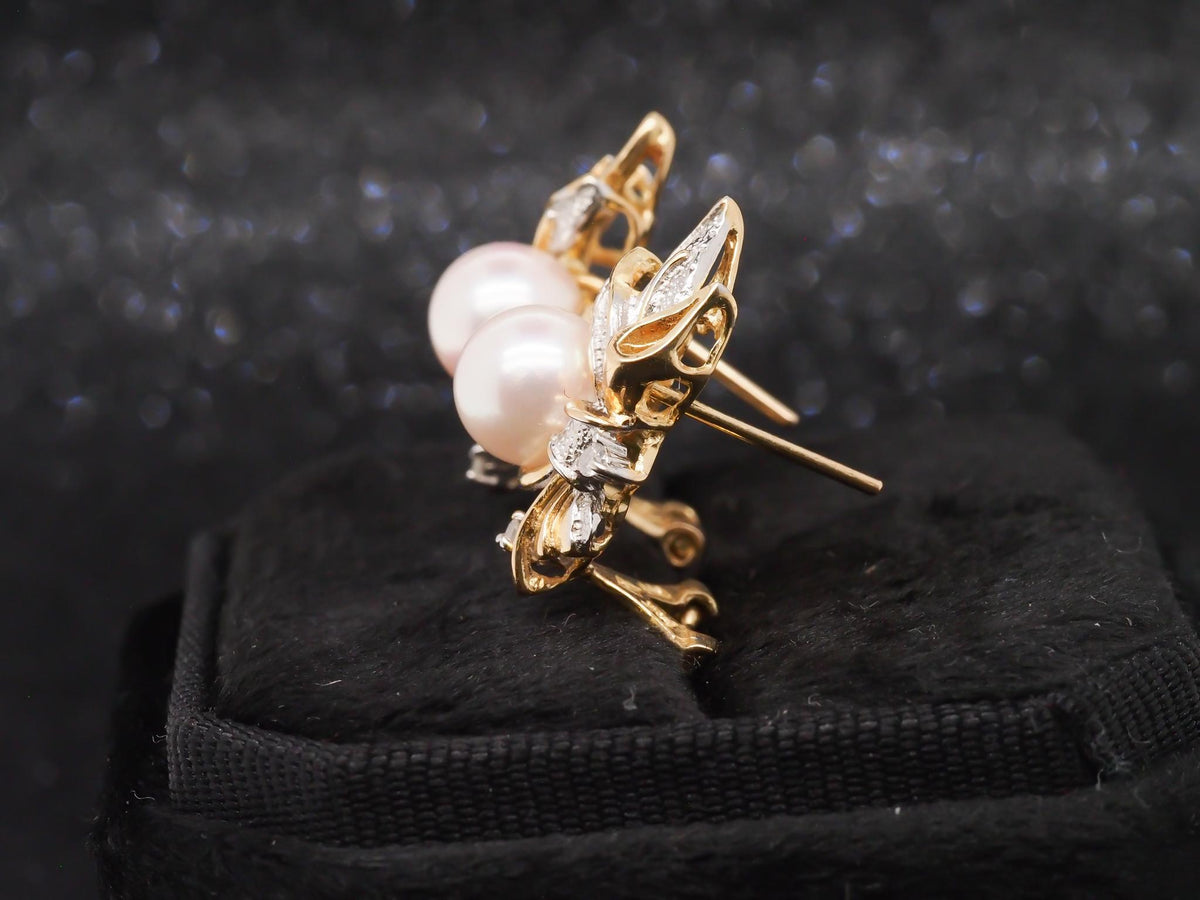 14K Yellow Gold Two Tone Pearl and Diamond Earrings - VHK#257