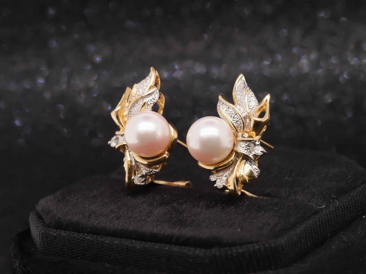 14K Yellow Gold Two Tone Pearl and Diamond Earrings - VHK#257
