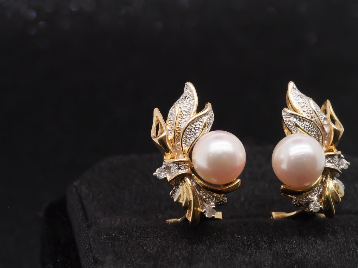 14K Yellow Gold Two Tone Pearl and Diamond Earrings - VHK#257
