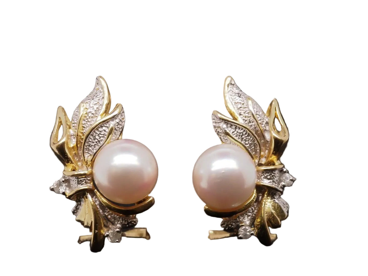 14K Yellow Gold Two Tone Pearl and Diamond Earrings - VHK#257
