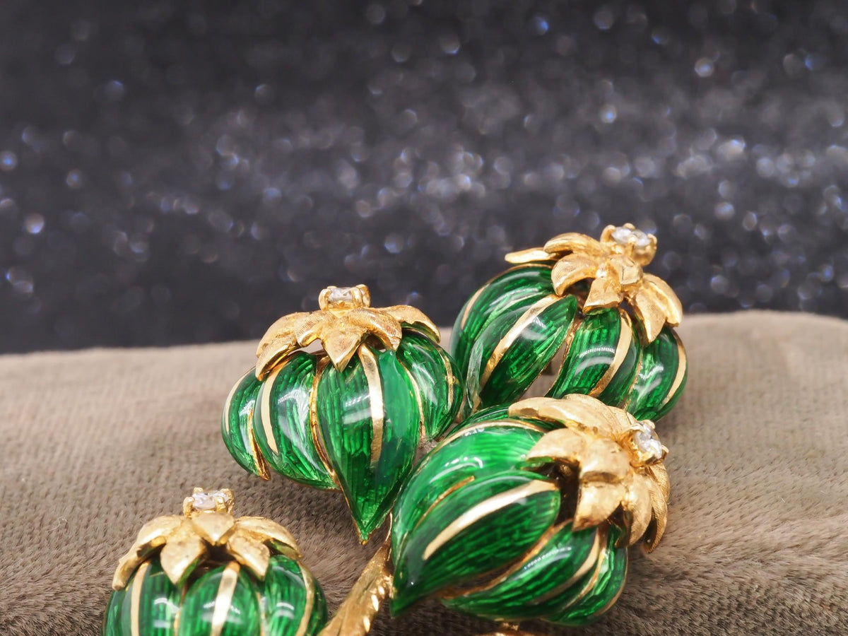 18K Yellow Gold Green Enamel and Diamond Flower Brooch - VHK#249