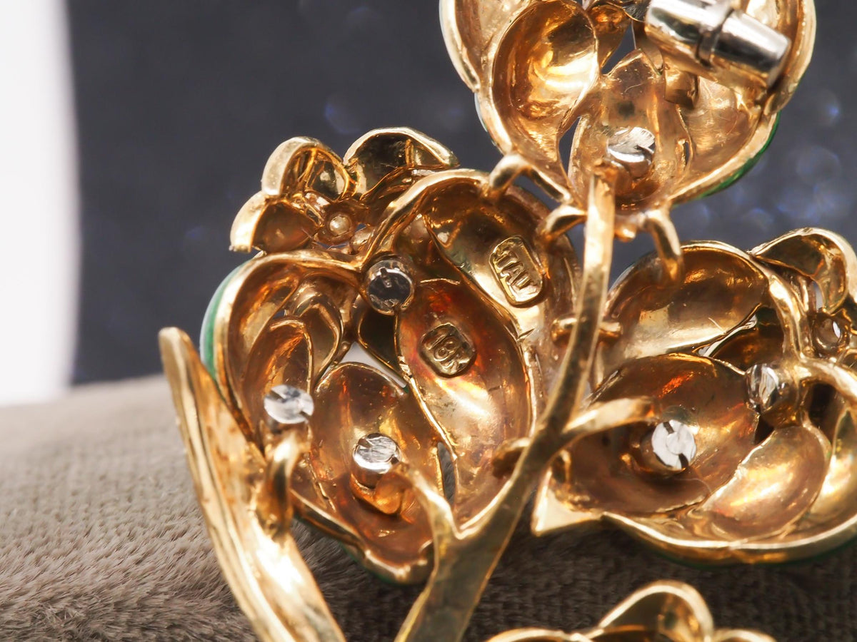18K Yellow Gold Green Enamel and Diamond Flower Brooch - VHK#249