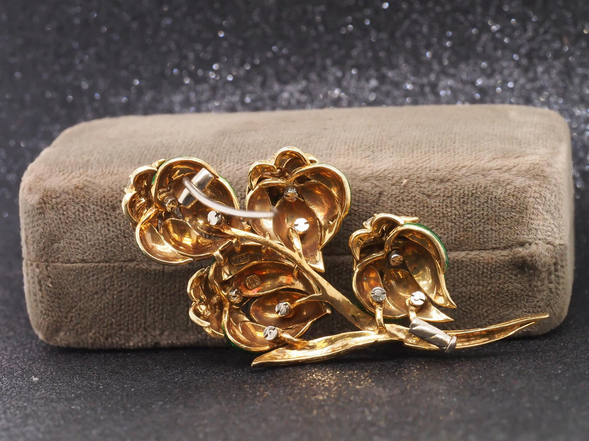 18K Yellow Gold Green Enamel and Diamond Flower Brooch - VHK#249