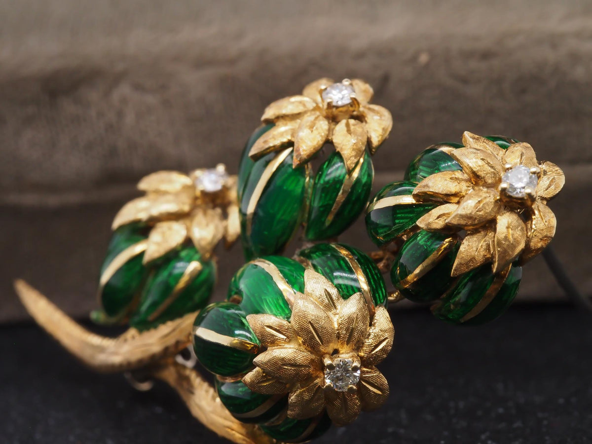 18K Yellow Gold Green Enamel and Diamond Flower Brooch - VHK#249