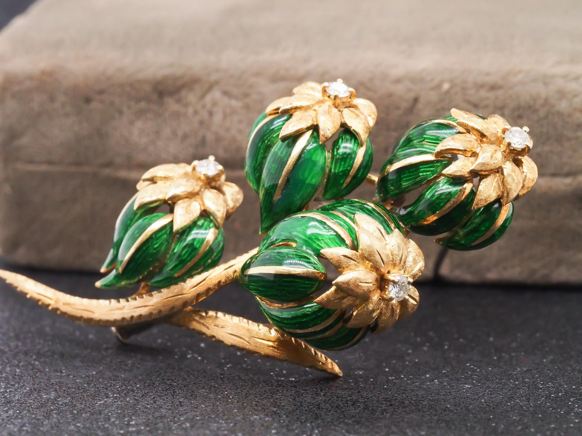 18K Yellow Gold Green Enamel and Diamond Flower Brooch - VHK#249