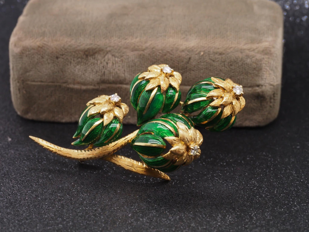 18K Yellow Gold Green Enamel and Diamond Flower Brooch - VHK#249